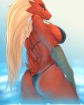  absurd_res anthro bikini blaziken breasts butt clothed clothing female fur hair hand_on_leg hi_res looking_at_viewer mammal nintendo pok&eacute;mon pok&eacute;mon_(species) simple_background solo swimwear thedeadtimezone tuft video_games water 