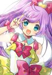  1girl :d absurdres aqua_eyes arm_up bow commentary_request detached_collar hair_bow heart highres idol idol_land_pripara koge_donbo long_hair manaka_lala open_mouth pink_bow pink_ribbon pretty_(series) pripara purple_hair ribbon simple_background skirt smile solo treble_clef twintails v white_background wrist_ribbon yellow_skirt 