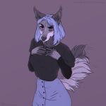  1:1 2019 anthro black_claws black_clothing black_eyebrows black_hair black_nose black_topwear blue_eyes canid circular_barbell_piercing claws clothed clothing dated eyebrows facial_piercing female fur glistening glistening_eyes grey_body grey_ears grey_fur grey_inner_ear_fluff grey_tail hair hi_res inner_ear_fluff jewelry lostgoose madeleine_(ireneshards) mammal mouth_closed necklace nipple_outline nose_piercing piercing septum_circular_barbell septum_piercing signature simple_background solo text topwear tuft two_tone_tail url white_body white_fur white_tail 