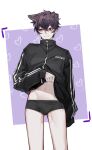  animal_ears black_shirt closed_mouth clothes_lift dog_ears earrings fangs gostwuw highres indie_virtual_youtuber jewelry long_sleeves male_focus male_underwear panties purple_eyes purple_hair shirt shirt_lift short_hair shoto_(vtuber) underwear virtual_youtuber 