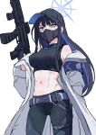  1girl bangs bare_shoulders baseball_cap belt black_gloves black_hair black_headwear black_pants black_shirt blue_archive breasts coat colored_inner_hair cowboy_shot crop_top gloves grey_eyes groin gun halo hand_in_pocket hand_up hat highres holding holding_gun holding_weapon leggings long_hair long_sleeves looking_at_viewer mask medium_breasts midriff mouth_mask multicolored_hair navel off_shoulder open_clothes open_coat osame pants rifle saori_(blue_archive) shirt simple_background sleeveless sleeveless_shirt snap-fit_buckle solo standing toned weapon white_background white_coat 