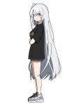  11sayuwan11 1girl alternate_costume bangs black_shirt blue_shorts closed_mouth crossed_arms full_body fuyutsuki_(kancolle) grey_eyes grey_hair hair_between_eyes highres kantai_collection long_hair looking_at_viewer one_side_up shirt shoes short_sleeves shorts simple_background smile sneakers solo standing t-shirt very_long_hair white_background white_footwear 