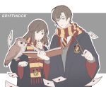  1boy 1girl artem_wing_(tears_of_themis) bangs bird black_robe blue_eyes book brown_hair closed_mouth crossover green_eyes grey_vest gryffindor harry_potter_(series) highres holding holding_book holding_wand long_hair long_sleeves mail necktie open_mouth owl red_necktie red_scarf robe rosa_(tears_of_themis) scarf short_hair tears_of_themis vest wand yingchuan981 