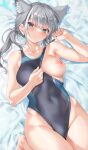  1girl animal_ear_fluff animal_ears blue_archive blue_eyes blush breasts cle_masahiro collarbone competition_swimsuit cover cover_page cross_hair_ornament doujin_cover grey_hair hair_ornament halo highres looking_at_viewer lying medium_breasts medium_hair nipples on_back one-piece_swimsuit one_breast_out parted_lips pussy_juice shiroko_(blue_archive) shiroko_(swimsuit)_(blue_archive) solo swimsuit thighs 