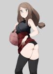  1girl absurdres ass bag bangs black_panties black_shirt black_thighhighs blue_eyes bracelet breasts brown_hair closed_mouth clothes_lift floating_hair from_side grey_background highres jewelry keiz long_hair low-tied_long_hair medium_breasts miniskirt panties parted_bangs pokemon pokemon_(game) pokemon_xy red_skirt serena_(pokemon) shirt simple_background skirt skirt_lift sleeveless sleeveless_shirt solo standing thighhighs underwear very_long_hair 