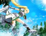  1girl armor armored_boots bangs blonde_hair blue_sky boots braid breastplate dress faulds floating_hair from_below game_cg gauntlets green_dress green_eyes hair_between_eyes holding holding_sword holding_weapon jumping leafa long_hair ponytail shiny shiny_hair short_dress shoulder_armor sky solo sword sword_art_online twin_braids very_long_hair waist_cape weapon 