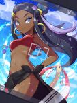  1girl azurill black_hair blue_hair breasts cloud dark-skinned_female dark_skin day earrings eyeshadow hand_on_hip highres hoop_earrings inana_umi jewelry looking_at_viewer makeup milotic multicolored_hair navel nessa_(pokemon) open_mouth pikachu pokemon pokemon:_twilight_wings recording rookidee sarong sky smile tail two-tone_hair v-shaped_eyebrows viewfinder water wings 