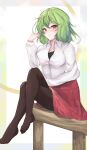  1girl bangs black_bra bra breasts cleavage closed_mouth collared_shirt full_body green_hair hand_in_own_hair highres kazami_yuuka large_breasts long_sleeves looking_at_viewer orchid_(orukido) plaid plaid_skirt red_eyes red_skirt shirt short_hair sitting skirt touhou underwear white_shirt 