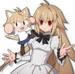  2girls :3 :o animal_ears antenna_hair arcueid_brunestud arms_up bangs black_bow black_pantyhose blonde_hair blue_skirt blush boots bow bowtie brown_footwear buttons cat_ears cat_tail commentary_request dress frilled_sleeves frills hair_between_eyes highres hirakawa juliet_sleeves long_hair long_sleeves melty_blood melty_blood:_type_lumina miniskirt multiple_girls neco-arc pantyhose puffy_sleeves red_eyes short_hair simple_background single_hair_intake size_difference skirt sweater tail tsukihime tsukihime_(remake) upper_body very_long_hair white_background white_dress white_sweater wide_sleeves younger 