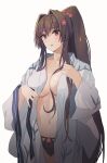 1girl black_panties breasts brown_eyes brown_hair cowboy_shot flower hair_between_breasts hair_flower hair_ornament highres japanese_clothes kantai_collection kasumi_(skchkko) kimono large_breasts long_hair naked_kimono navel panties parted_lips ponytail solo underwear undressing very_long_hair yamato_(kancolle) 