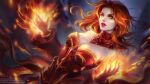  1girl bare_shoulders bow breasts cleavage dota_(series) dota_2 dress earrings fire jewelry lina_inverse_(dota_2) lipstick long_hair looking_at_viewer makeup natali-o red_bow red_dress red_eyes red_sleeves solo strapless strapless_dress 