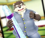  3d_(artwork) anthro belly blush canid canine canis clothing cute_fangs digital_media_(artwork) domestic_dog happy lifewonders looking_at_viewer male malicekira mammal moritaka overweight overweight_male package smile solo student tokyo_afterschool_summoners uniform video_games 