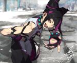  1girl beckoning black_hair cleavage_cutout clothing_cutout drill_hair fingerless_gloves gloves green_eyes hair_horns han_juri hand_on_hip heterochromia highres kobayashi_gen leaning_forward looking_at_viewer multicolored_hair pants purple_eyes purple_hair shirt signature sleeveless sleeveless_shirt solo standing streaked_hair street_fighter street_fighter_6 tongue tongue_out twin_drills 