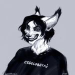  1:1 2020 anthro bust_portrait cheek_tuft chin_tuft clothing cyrillic_text dated ear_piercing ear_tuft eyebrows facial_tuft front_view gauged_ear glistening glistening_eyes hi_res inner_ear_fluff lostgoose male monochrome narrowed_eyes neck_tuft piercing portrait signature simple_background sketch solo teeth text topwear translation_request tuft 