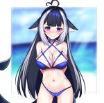  alisaart19 animal_ears arm_tattoo arms_behind_back bikini black_hair blue_bikini blue_collar blush breasts cetacean_tail chest_tattoo cleavage collar commentary english_commentary facial_tattoo fish_tail halter_top halterneck highres indie_virtual_youtuber large_breasts leg_tattoo long_hair looking_at_viewer multicolored_hair navel orca_girl purple_eyes shylily sidelocks smile streaked_hair swimsuit tail tattoo virtual_youtuber white_hair 