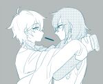  2boys box closed_mouth facing_another food food_in_mouth glasses grey_background greyscale holding holding_box hug ishihara_usumi jiitarou kisaragi_ren_(mahjong_soul) long_sleeves mahjong_soul male_focus monochrome multiple_boys pocky pocky_in_mouth sketch yaoi 
