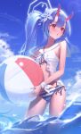  1girl absurdres ball bangs bare_arms beachball bikini blue_archive blue_hair blue_ribbon blue_sky blush chise_(swimsuit)_(blue_archive) collarbone day flat_chest floating_hair flower friend0426 hair_flower hair_ornament highres holding holding_ball horns long_hair open_mouth outdoors red_eyes ribbon sailor_bikini sailor_collar shiny shiny_hair side-tie_bikini side_ponytail sky solo standing striped striped_bikini swimsuit very_long_hair wading white_flower white_sailor_collar 