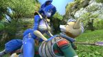  3d_(artwork) anthro armband armor blue_hair bottomwear bra breasts canid canine clothing detailed_background digital_media_(artwork) duo eye_contact female fox fox_mccloud green_eyes hair hand_on_chest krystal krystal&#039;s_staff leg_tattoo legwear loincloth lolla4567 looking_at_another looking_surprised lying male mammal nature nature_background nintendo on_top on_top_of plant shoulder_pads source_filmmaker staff star_fox suit tattoo thigh_tattoo topwear tree underwear vest video_games white_hair 