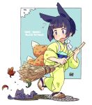  &gt;_&lt; 1girl animal_ears autumn_leaves bamboo_broom bangs black_hair blue_background blush broom brown_footwear demon fang flying_sweatdrops fox_ears fox_girl fox_tail green_kimono holding holding_broom japanese_clothes kimono kitsune kukuri_(mawaru) leaf long_sleeves lying maple_leaf mawaru_(mawaru) obi on_stomach open_mouth original purple_eyes sash standing standing_on_one_leg tail tasuki two-tone_background white_background zouri 