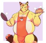  alleros_(howlingampharos) ampharos anthro apron apron_only belly big_belly big_bulge bulge clothing cookware cute_expression food frying_pan hi_res kitchen_utensils male mostly_nude nintendo pancake pecs pok&eacute;mon pok&eacute;mon_(species) seintaur solo thick_thighs tools video_games 