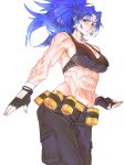  1girl abs ammunition_belt bare_shoulders belt black_pants blue_eyes blue_hair breasts cargo_pants clenched_hand earrings fingerless_gloves gloves highres jewelry leona_heidern looking_at_viewer midriff minew muscular muscular_female navel pants ponytail sleeveless solo the_king_of_fighters the_king_of_fighters_xiii 