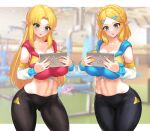  2girls absurdres bangs bare_shoulders black_pants blonde_hair blurry blurry_background blush braid breasts cleavage commission detached_sleeves green_eyes hair_ornament highres large_breasts long_hair long_sleeves medium_hair multiple_girls navel nez-box pants parted_bangs parted_lips pointy_ears princess_zelda saliva_drip the_legend_of_zelda thighs 