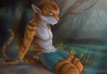  anthro bottomwear clothing felid feline forest lens_flare looking_at_viewer male mammal pants plant sitting solo stampmats stripes toger tree 