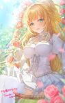  1girl aqua_eyes bangs blonde_hair blunt_bangs blurry blurry_foreground breasts choker commission criss-cross_halter dress english_text flower frills halterneck highres long_hair looking_at_viewer medium_breasts open_mouth original outdoors petals rose sitting skeb_commission sky smile solo syandega thighhighs underbust very_long_hair white_dress white_thighhighs zettai_ryouiki 