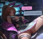  1girl absurdres animal_ears bangs bare_shoulders battle_bunny_miss_fortune black_shirt brown_hair censored closed_mouth fake_animal_ears grey_jacket grey_skirt highres jacket korean_commentary korean_text league_of_legends long_hair miss_fortune_(league_of_legends) monitor mosaic_censoring multicolored_clothes multicolored_jacket nipples no_panties off_shoulder oh-yeeeeeah parted_bangs pink_jacket ponytail pussy red_eyes shiny shiny_hair shirt skirt solo torn_clothes translation_request two-tone_jacket 