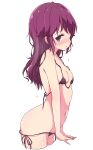  1girl :o bikini black_bikini blush breasts commentary_request highres long_hair looking_at_viewer machikado_mazoku mel_(melty_pot) navel purple_eyes purple_hair simple_background small_breasts solo swimsuit wet wet_hair white_background yoshida_ryouko 