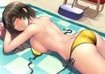  1girl ass bare_arms bare_back bare_legs bare_shoulders beach bikini blush breasts brown_eyes brown_hair closed_mouth highres hiryuu_(kancolle) kantai_collection kuromayu large_breasts lying mat on_stomach sand short_hair smile solo swimsuit yellow_bikini 
