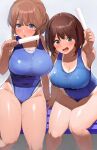 2girls bangs bare_arms bare_shoulders blue_eyes blue_swimsuit blush breasts brown_hair cleavage commentary_request food highres kaisen_chuui large_breasts long_hair looking_at_viewer multiple_girls one-piece_swimsuit open_mouth original popsicle short_hair sitting swimsuit tan tanlines thighs wet 