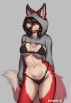  anthro black_hair bra breasts canid canine chest_tuft clothed clothing female fox foxovh fur hair hi_res hoodie inner_ear_fluff looking_at_viewer mammal multicolored_body navel panties raised_clothing raised_topwear red_body red_fur simple_background smile solo standing topwear tuft two_tone_body underwear white_body white_fur yellow_eyes 