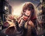  1girl absurdres bangs blush brown_hair coat hair_ornament hairclip highres long_hair long_sleeves looking_at_viewer open_mouth original outdoors red_scarf revision scarf school_uniform smile snow solo starlime uniform winter 