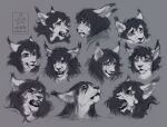  2020 angry anthro artist_logo chin_tuft dated ear_tuft ears_back expression_sheet eyebrows facial_tuft fangs glistening glistening_eyes grey_body grey_scales greyscale hair inner_ear_fluff logo lostgoose male monochrome mouth_closed narrowed_eyes open_mouth pivoted_ears sad scales simple_background sketch_page solo tuft wavy_hair 