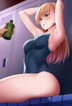  1boy 1girl :o absurdres armpits arms_up bangs blue_swimsuit blush breasts brown_hair green_eyes highres huyumitsu large_breasts locker locker_room long_hair one-piece_swimsuit original parted_lips sitting solo_focus swimsuit thighs 