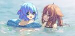  2girls ahoge aoi_tori bangs bare_shoulders blue_eyes blue_swimsuit blush bow brown_eyes brown_hair child commentary dot_nose fang hair_between_eyes hair_bow highres in_water innertube long_hair looking_at_another medium_hair multiple_girls ocean open_mouth original parted_lips pink_bow short_twintails sidelocks skin_fang smile swimsuit teru-chan_(aoi_tori) twintails upper_body wet 