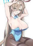  1girl animal_ears armpits arms_behind_head arms_up asuna_(blue_archive) asuna_(bunny)_(blue_archive) bangs bare_shoulders blue_archive blue_eyes blue_leotard blush breasts brown_pantyhose cleavage detached_collar fake_animal_ears grin hair_over_one_eye halo highleg highleg_leotard large_breasts leotard light_brown_hair long_hair looking_at_viewer mitche mole mole_on_breast pantyhose playboy_bunny rabbit_ears smile solo thighs very_long_hair 