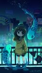  1girl absurdres balcony bangs black_eyes black_shorts blue_footwear brown_hair cityscape closed_mouth fish fish_skeleton hand_in_pocket highres hood hoodie looking_at_viewer neon_lights night night_sky original shoes short_hair shorts sky socks standing star_(sky) water white_socks yellow_hoodie yukichi_nya 