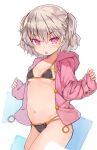  1girl :o bangs bikini black_bikini breasts collarbone commentary_request grey_hair hair_between_eyes hood hood_down hooded_jacket jacket kurasuke long_sleeves looking_at_viewer multi-strapped_bikini navel open_clothes open_jacket original parted_lips pink_eyes pink_jacket sleeves_past_wrists small_breasts solo swimsuit two_side_up v-shaped_eyebrows white_background 