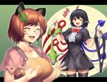  2girls ahoge animal_ears black_hair black_thighhighs blush bow breasts brown_hair cleavage collarbone fang futatsuiwa_mamizou glasses highres houjuu_nue large_breasts multiple_girls one_eye_closed open_mouth pointy_ears raccoon_ears raccoon_girl red_bow red_eyes rimless_eyewear round_eyewear short_hair short_sleeves smile tarmo thighhighs touhou 