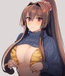  1girl alternate_costume black_sweater blush bra breasts brown_eyes brown_hair closed_mouth flower grey_background hair_between_eyes hair_flower hair_ornament highres kantai_collection kasumi_(skchkko) large_breasts long_hair long_sleeves pink_flower ponytail ribbed_sweater simple_background solo sweater torn_bra torn_clothes underwear upper_body yamato_(kancolle) yellow_bra 