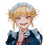  1girl bangs blonde_hair blood blood_on_face blood_on_gloves blunt_bangs boku_no_hero_academia bow double_bun gloves hair_bun looking_at_viewer maid maid_headdress messy_hair open_mouth portrait red_bow sidelocks slit_pupils smile tata_butter toga_himiko white_background white_gloves yellow_eyes 