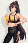  1girl alternate_costume alternate_hairstyle black_hair black_pants breasts brown_eyes closed_mouth collarbone feet_out_of_frame hair_between_eyes hair_ribbon hand_on_hip high-waist_pants highres kantai_collection kasumi_(skchkko) large_breasts long_hair nagato_(kancolle) navel pants ponytail ribbon smile solo sparkle very_long_hair yellow_ribbon 
