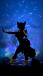  accessory anthro armband behind_another blue_background bottomwear canid canine clothing collar dark duo female floating fox furgonomics green_eyes hair hi_res jojo_pose krystal legwear loincloth lolla4567 mammal nintendo shoulder_pads silhouette simple_background star_fox tail_accessory video_games 