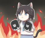  1girl angry animal_ears black_hair blue_eyes blue_neckerchief blue_sailor_collar blue_skirt boxing_gloves cat_ears cat_girl cat_tail chibi fire frown hands_up hibike!_euphonium highres kasaki_nozomi kitauji_high_school_uniform liz_to_aoi_tori long_hair looking_at_viewer lyy neckerchief pleated_skirt sailor_collar school_uniform serafuku shirt short_sleeves skirt solo tail uniform white_shirt 