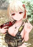  1girl absurdres blonde_hair breasts bullet chest_rig cleavage clogs commentary_request day dot_nose gibun_(sozoshu) gun hair_ribbon handgun highres holding holding_bullet holding_gun holding_weapon jewelry large_breasts looking_at_viewer lycoris_recoil m1911 magazine_(weapon) military nishikigi_chisato one_side_up outdoors pendant radio red_eyes revision ribbon river short_hair smile solo sunlight trigger_discipline upper_body vest water weapon wet 