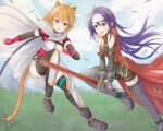  2girls atorie boots cape cat_girl duel fire_emblem fire_emblem:_radiant_dawn gloves green_eyes hairband headband highres leggings lyre_(fire_emblem) mia_(fire_emblem) multiple_girls purple_hair smile spar tail thigh_boots 