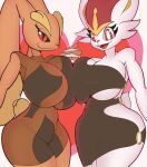  absurd_res anthro big_breasts breast_squish breasts breasts_frottage cinderace clothing dress duo female goomogudra hand_holding hi_res lopunny nintendo pok&eacute;mon pok&eacute;mon_(species) red_eyes smile squish tight_clothing video_games 