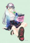  1girl bangs baseball_cap blue_eyes blush cup disposable_cup drinking_straw earrings grey_hair hair_ornament hat jacket jewelry long_hair miyabi_akino nail_polish open_clothes open_jacket original sandals sitting skirt solo twintails 